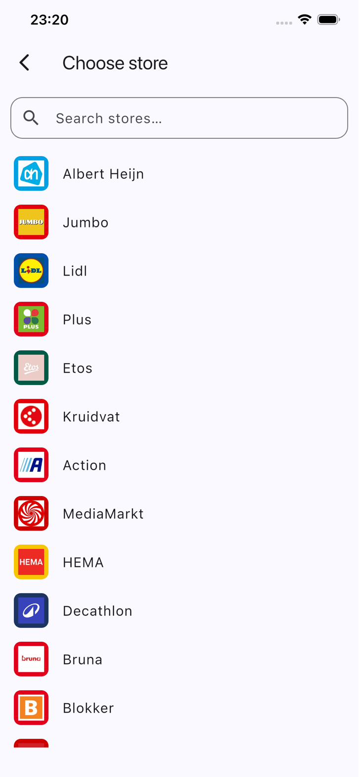 Store picker showing built-in retailer templates
