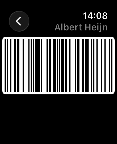 LoyaltyScan on Apple Watch showing a loyalty card barcode ready to scan