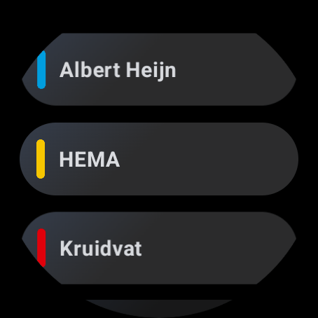 LoyaltyScan on a Wear OS watch showing the list of saved loyalty cards