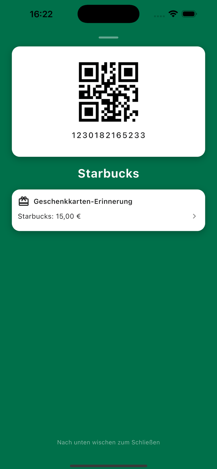 Geöffnete Starbucks-Kundenkarte an der Kasse, mit Geschenkkarten-Erinnerung über 15 € Guthaben