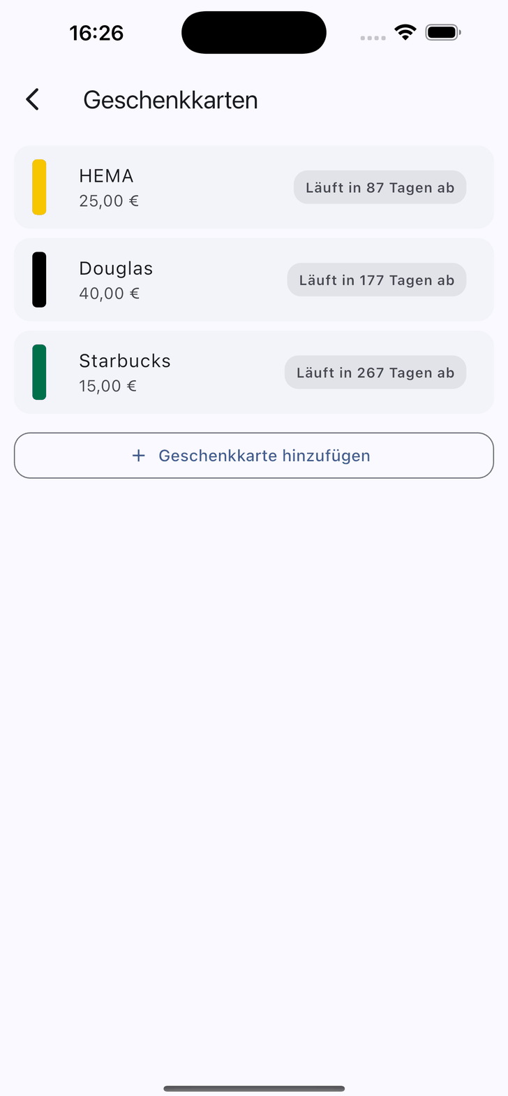 Liste der Geschenkkarten mit Guthaben und verbleibender Gültigkeit