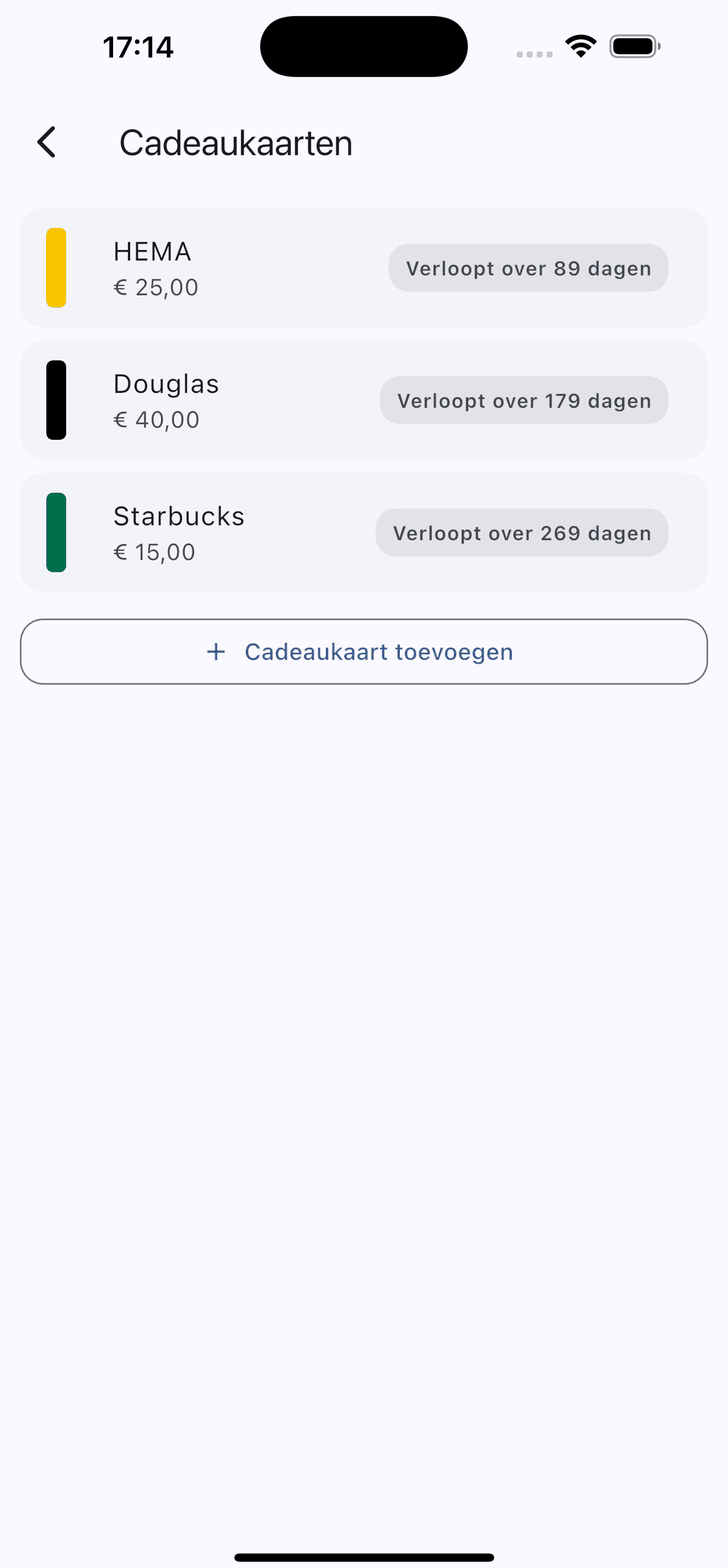 Lijst met cadeaukaarten, met saldo en hoelang elke kaart nog geldig is