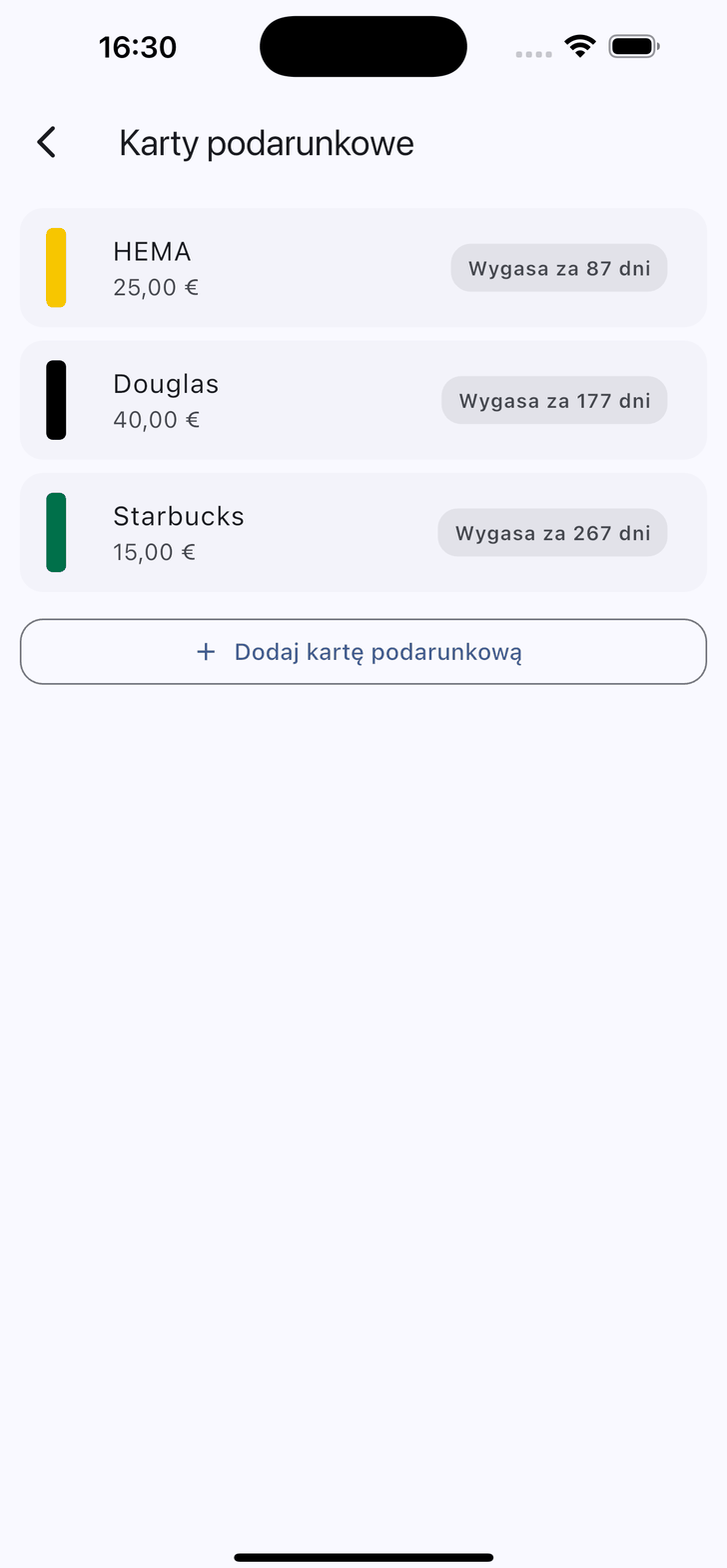 Lista kart podarunkowych z saldem i czasem pozostałym do wygaśnięcia
