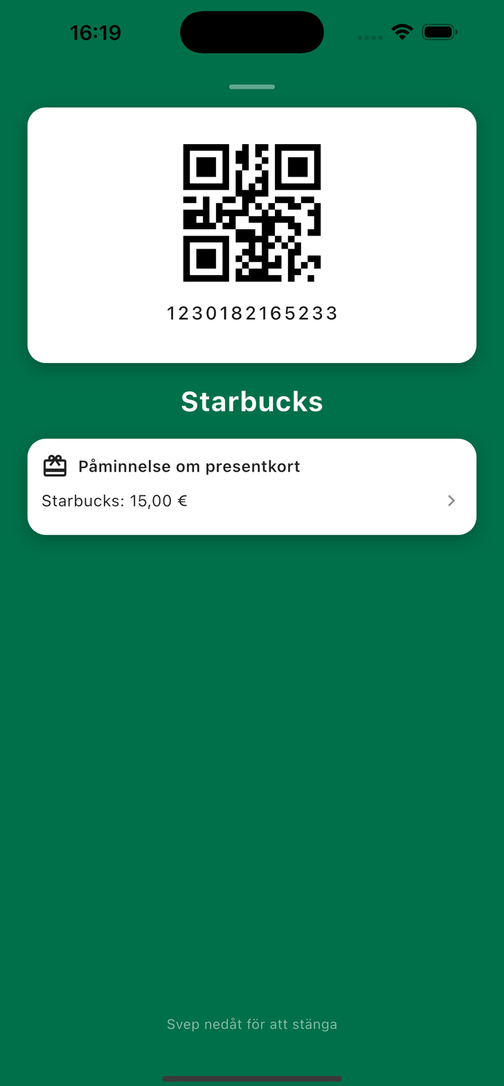Starbucks stamkundskort öppet i kassan, med en presentkortspåminnelse som visar 15 € i saldo