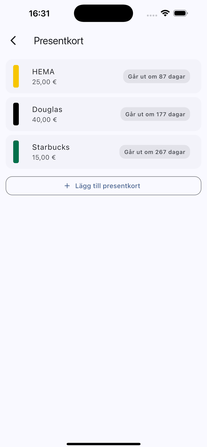 Lista över presentkort med saldo och hur lång tid som återstår innan de går ut